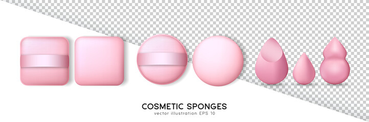 Collection of square and round powder puffs and beauty blender different shapes. Pink cosmetic sponges for apply make up isolated on transparent and white background. Realistic makeup items template