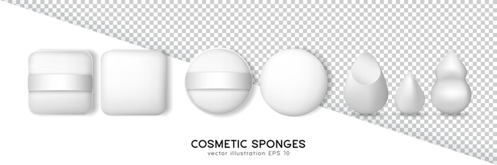 Collection of square and round powder puffs and beauty blender different shapes. White cosmetic sponges for apply make up isolated on transparent and white background. Realistic makeup items template