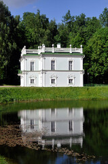 Beautiful white country house by the lake. Moscow, Kuskovo estate. - obrazy, fototapety, plakaty