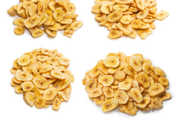 Banana chips isolated on a white background. Dehydrated banana.