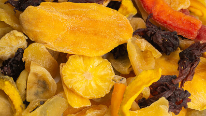 Mix of dried exotic fruit, mangos,slices of pineapples, passion fruit, papaya.