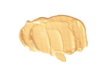 Face scrub smear texture. Cream skincare cosmetic. Organic stroke. Feet oily cleanser smudge. Particles in gel. White background. Top view. Yellow fluid treatment