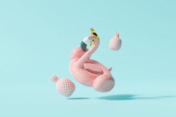 Flamingo float and pineapple with pastel blue background. Summer minimal concept. 3d rendering © aanbetta