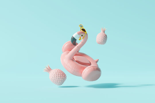 Flamingo float and pineapple with pastel blue background. Summer minimal concept. 3d rendering