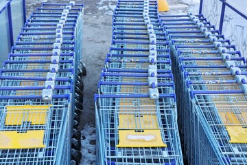 Grocery carts parked at the supermarket site