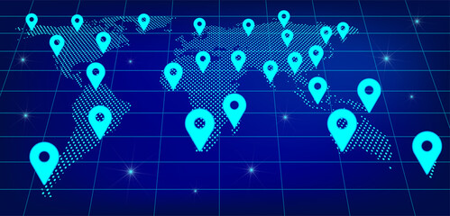 Global logistics network. Map global logistics partnership connection.  World map from dots with  geolocation signs on blue background.  perspective.  EPS10. 