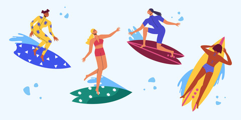 Collection of different women on the surf. Women surf the waves. Vector illustration.