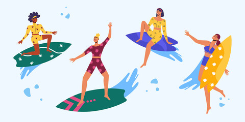 Collection of different women on the surf. Leisure. Vector illustration.