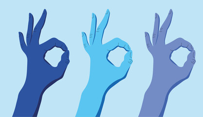 Three hands in blue shades show the sign ok.