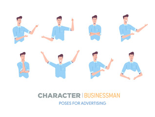 businessman character poses for advertising. Creation set with various views, face emotions, poses and gestures.