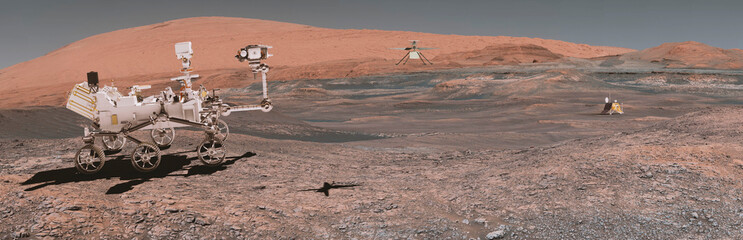 Mars Rover Perseverance Landed and mars polar lander.Elements of this image furnished by NASA. 3D rendering.