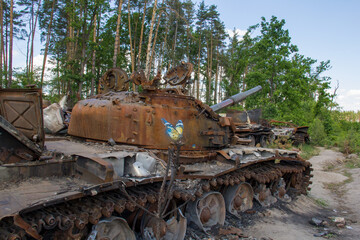 Fototapeta premium War in Ukraine. Exploded military equipment in the Kyiv region.