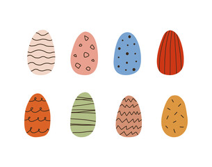 Happy Easter. Set of Easter eggs with different texture, decorated with dots, stripes, ornaments. Cartoon flat vector illustration.