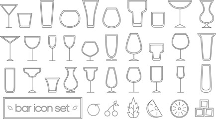 Set of vector simple schematic icons of cocktail glasses and fruits, bar icons in simple black lines.