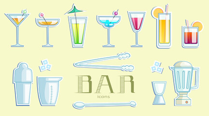 Set of vector stickers of cocktails and bar tools. Sticker shape can be replaced, icons can be used without white outline easily.
