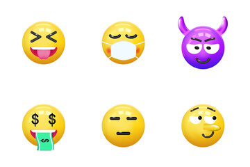 Set of icons face emotion realistic 3d render. Yellow glossy emoticons. vector illustration