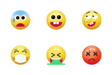 Set of icons face emotion realistic 3d render. Yellow glossy emoticons. vector illustration