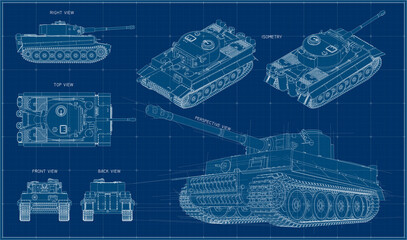 German heavy tank from World War II. Armored vehicles of Nazi Germany. Tank blueprint with projections, perspective and isometry.