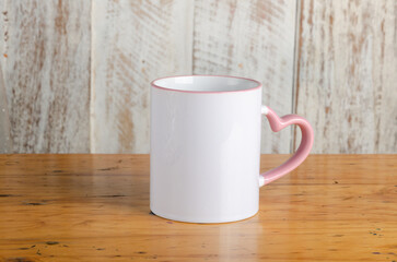 Blank white  AND COLOR mug mockup photo with rustic wood background 