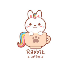 Cute rabbit unicorn with coffee cup.