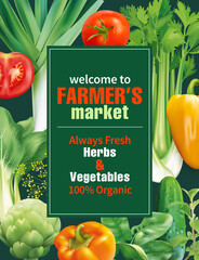 Poster design template for farmers market promotion. Vector illustration.