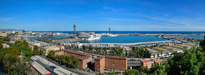 Barcelona, Spain - October 3 2019: Aerial view of port of Barcelona, Spain
