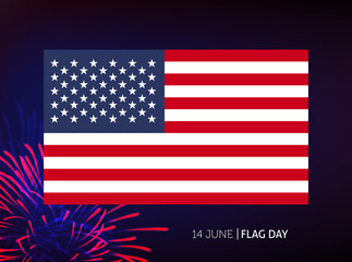 United States Flag Day. Vector graphics. USA flag on a background of fireworks