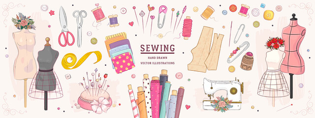 Vector hand drawn sewing retro set. Collection of highly detailed hand drawn sewing tools isolated on background - obrazy, fototapety, plakaty