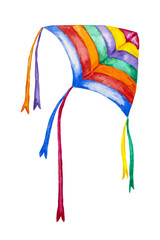 A kite in multi-colored stripes of a triangular shape with bright multi-colored ribbons. Childish cute watercolor illustration in cartoon style isolated on white background, hand drawn.