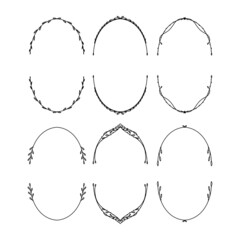 Set of hand drawn oval frames with leaves. Botanical frames for family monograms, invitations, greeting cards.