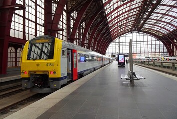 Passenger train in Antwerp Central station, Belgium.
Train in Antwerp Central station with an empty...