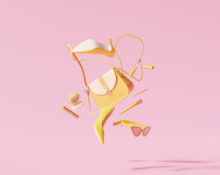 Flying woman's accessories bag, high heels, lipsticks on pastel pink background. 3d rendering