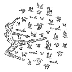 Zentangle girl dancer. Vector ornamental and decorative template illustration for printing on postcards, t-shirts, bags, cups, clothing, Wallpaper, posters, coloring books, interior paintings.
