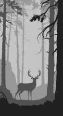 natural black and white background with forest and deer, vector illustration