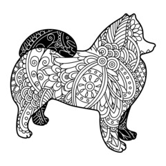 Zentangle Samoyed Pomeranian dog. Vector ornamental and decorative template illustration for printing on postcards, t-shirts, bags, cups, clothing, Wallpaper, posters, coloring books, interior paintin