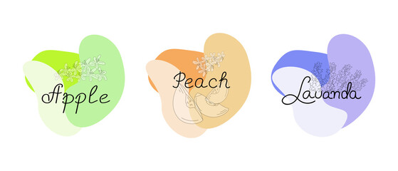 A set of abstract shapes with inscriptions Lavender, Peach, Apple. Pieces of peach, flowers. Vector illustration for packaging design of candles, perfumes, aromas, for a banner, postcard, logo.
