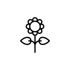 Geometrical sunflower with leaves icon. Black outline logo. Minimalist modern style. Vector illustration, flat design