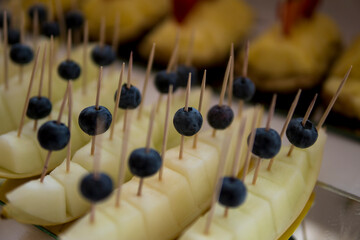 blueberries on toothpicks on melon