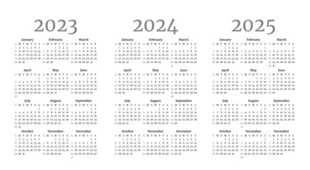 Set of monochrome monthly calendar templates for 2023, 2024, 2025 years. Week starts on Sunday. Page layout calendar in a minimalist style. Vertical table grid. Agenda organizer. Vector illustration