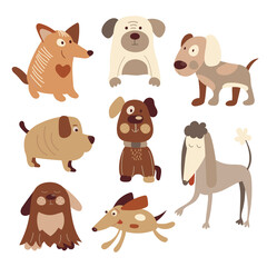 Dogs of different breeds, cartoon style, cute and playful.