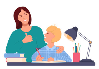 Fototapeta premium Little boy is doing his homework. Behind is a smiling mom and shows thumb up sign. The teacher is satisfied with the student's work. Vector illustration in flat style on a white background