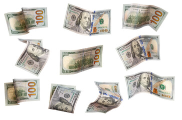 Dollars, flying money, curved in different ways, isolated on a white background.
