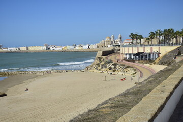 Cadiz, Spain - 06 november 2019: view from the ocean with beautiful embankment on a sunny day.