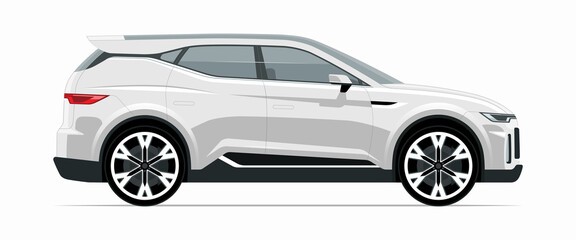 Modern SUV car mockup. Right side view of a crossover vehicle isolated on white background. Vector white car template for branding, advertisement, logo placement. Easy editable.