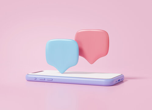 3D bubble chat icon or comment with mobile social media online concept. talk, chat, message, sms, communication, Minimal cartoon cute smooth on pastel pink background, banner, 3d illustration
