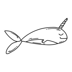 Cute narwhal in doodle style. Whale with a horn. Vector illustration. Baby whale.