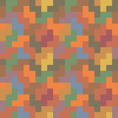 Repeated color puzzle figures background. Seamless surface pattern design with logic mosaic ornament. Game motif. Grid wallpaper. Digital paper for page fills, web designing, textile print.