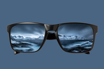 Sunglasses with winter scene with mountains in ice and snow reflection in very high detail