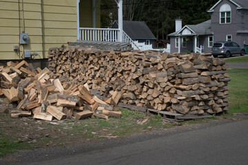 With fuel oil prices and electric costs increasing so fast and high, people turn to wood to heat their house this upcoming winter.  Wood Piled in side yard in small town in Upstate NY.