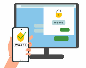 The security concept of two-factor authentication. Notification of login confirmation with a message to the phone. Smartphone in hand. Lock icons in the account on the computer monitor screen.